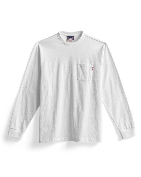 The High Tee Pocket Long Sleeve in Vintage White is a 100% cotton crew neck shirt featuring long sleeves and a small chest pocket on the left side, accented by a tiny red tag on the pocket’s edge. It is shown laid flat against a white background.