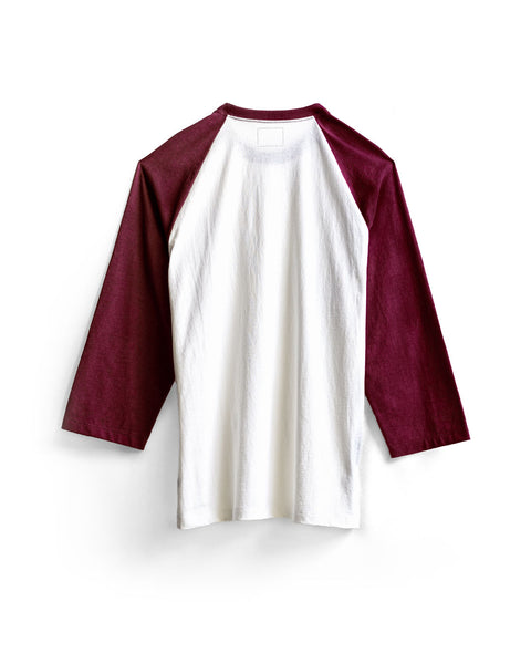 The Special Teez Pastime - Vintage White/Burgundy is a premium 3/4 sleeve raglan t-shirt made from soft, USA-grown cotton, featuring vintage white fabric with burgundy three-quarter length sleeves and a matching burgundy collar, laid flat on a white background.