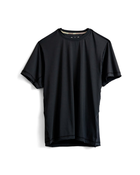 The Sunteez Short Sleeve - Black t-shirt hangs on a white background, crafted in the USA from moisture-wicking fabric for all-day comfort.