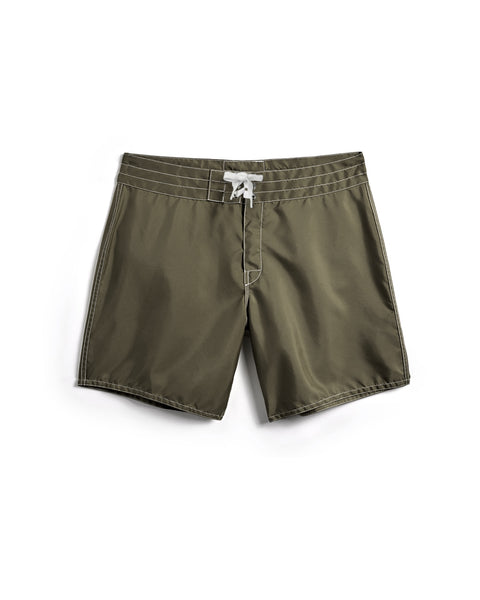 310 Boardshorts - Dark Olive made in the USA, featuring olive green SurfNyl fabric, white contrast stitching, and a white drawstring closure.