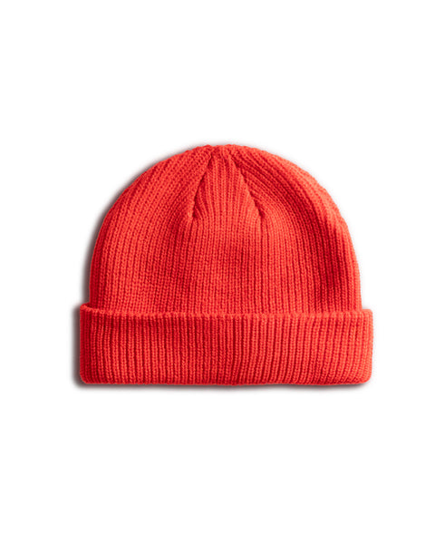 Bright red, wide ribbed License Plate Watchcap - Red fisherman style beanie with a folded cuff.