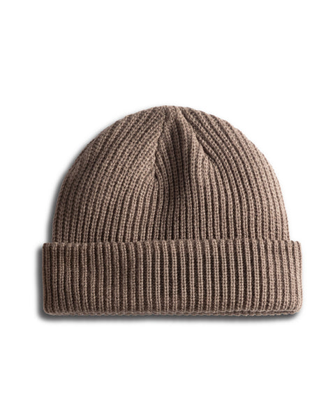 Walnut License Plate Watchcap in a brown, wide-ribbed knit with a folded cuff and license plate patch.