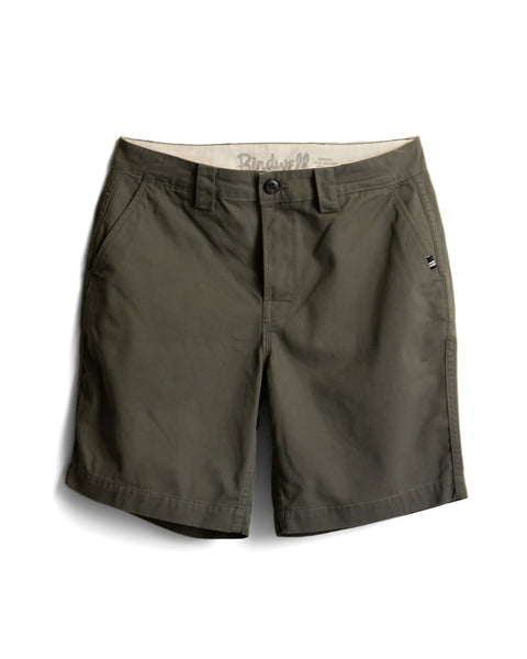 Moss Stockman Chino Shorts in olive green cotton twill featuring a button closure, side pockets, and a branded interior waistband.