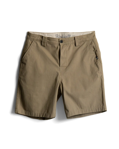 Stockman Chino Shorts in khaki cotton twill, featuring a front button closure, side pockets, and a small logo tag on the right pocket.