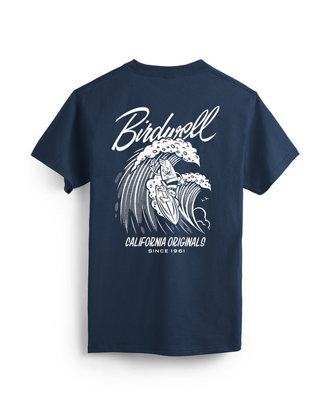 The Drop In T-Shirt - Navy is a heavyweight cotton tee with a white surfer wave graphic by Travis Price and 