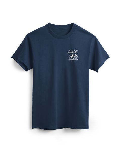 The Drop In T-Shirt - Navy is a heavyweight cotton tee designed by Travis Price. It features white 