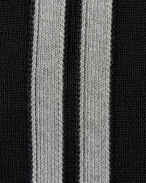 Close-up of the Racing Cardigan Sweater - Black/Gray, featuring alternating black and light gray vertical stripes that showcase the cotton yarn’s texture and regular fit.
