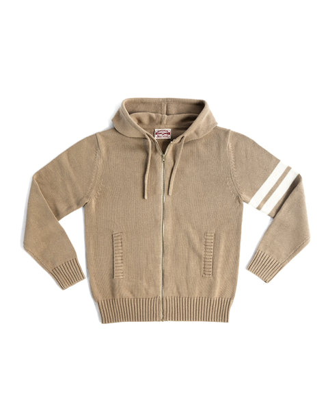 The Comp Zip Sweater - Bark/Bone is a 100% cotton midweight knit with two front pockets, ribbed cuffs and hem, and two white stripes on the left sleeve. Shown flat on a white background.