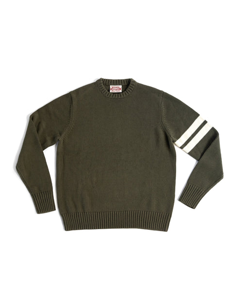 Comp Stripe Sweater - Dark Olive/Bone: 100% cotton sweater with ribbed cuffs and hem, featuring two white stripes on the right sleeve, shown laid flat on a white background.