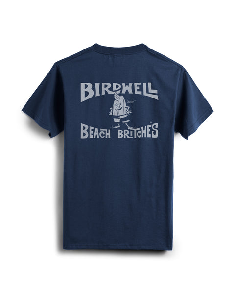 The License Plate T-Shirt - Navy/Slate is a heavyweight cotton tee featuring a white cartoon bird in swim trunks and 