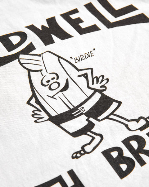 The License Plate T-Shirt - White/Black features a smiling bird cartoon with human-like limbs, labeled BIRDIE, printed on heavyweight cotton and surrounded by bold block letters.