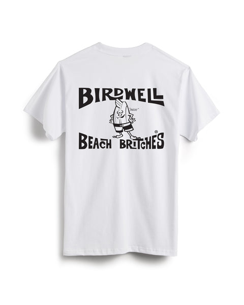 The License Plate T-Shirt - White/Black is a vintage-inspired tee made in the USA, featuring bold black Birdwell Beach Britches text on the back and a classic white design.
