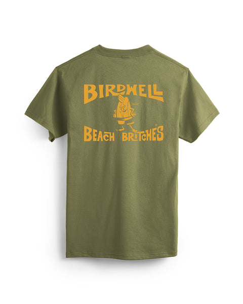 Army green heavyweight cotton License Plate T-Shirt with bold orange 
