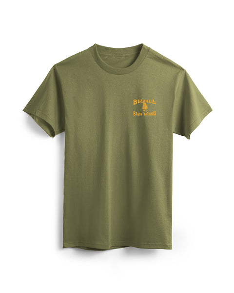 Army green short-sleeve License Plate T-Shirt with orange text and graphic on the left chest. Features “BIRDWELL” above a bird logo and “BEACH BRITCHES.” Made from heavyweight cotton in the USA. Shown on a white background.
