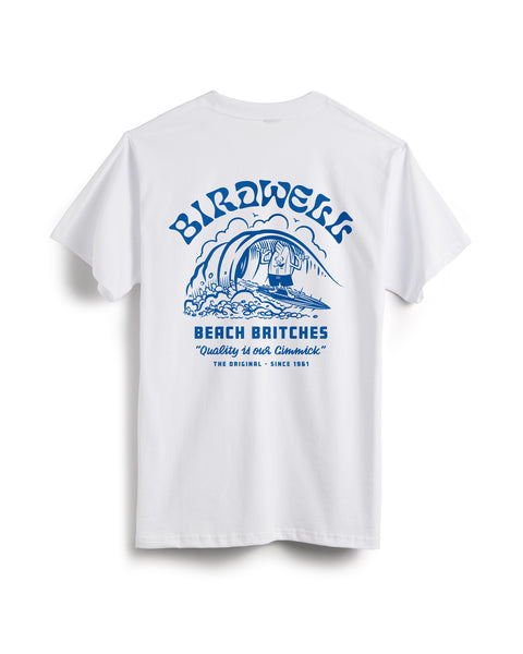 The Surfin' Birdie T-Shirt in White/Blue is made of 100% heavyweight cotton with a blue graphic on back of a surfer and the text 