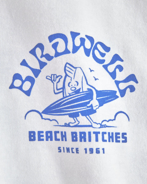 The Surfin' Birdie T-Shirt - White/Blue features a blue cartoon banana with a surfboard, 