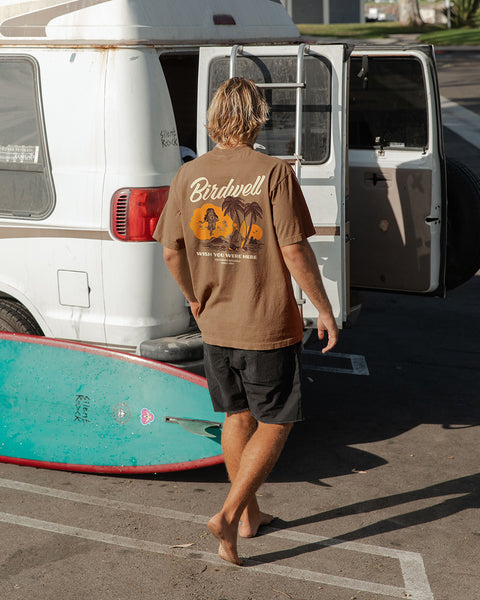 A barefoot blond person in a relaxed fit Daydreamin' Birdie T-Shirt - Brown and black shorts stands near a white van with its door open and a turquoise surfboard in a parking lot.
